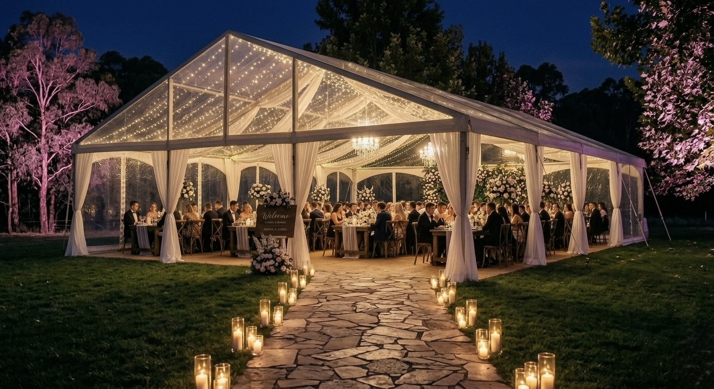 Clear-roof marquee glowing under twilight with candlelight and floral arches