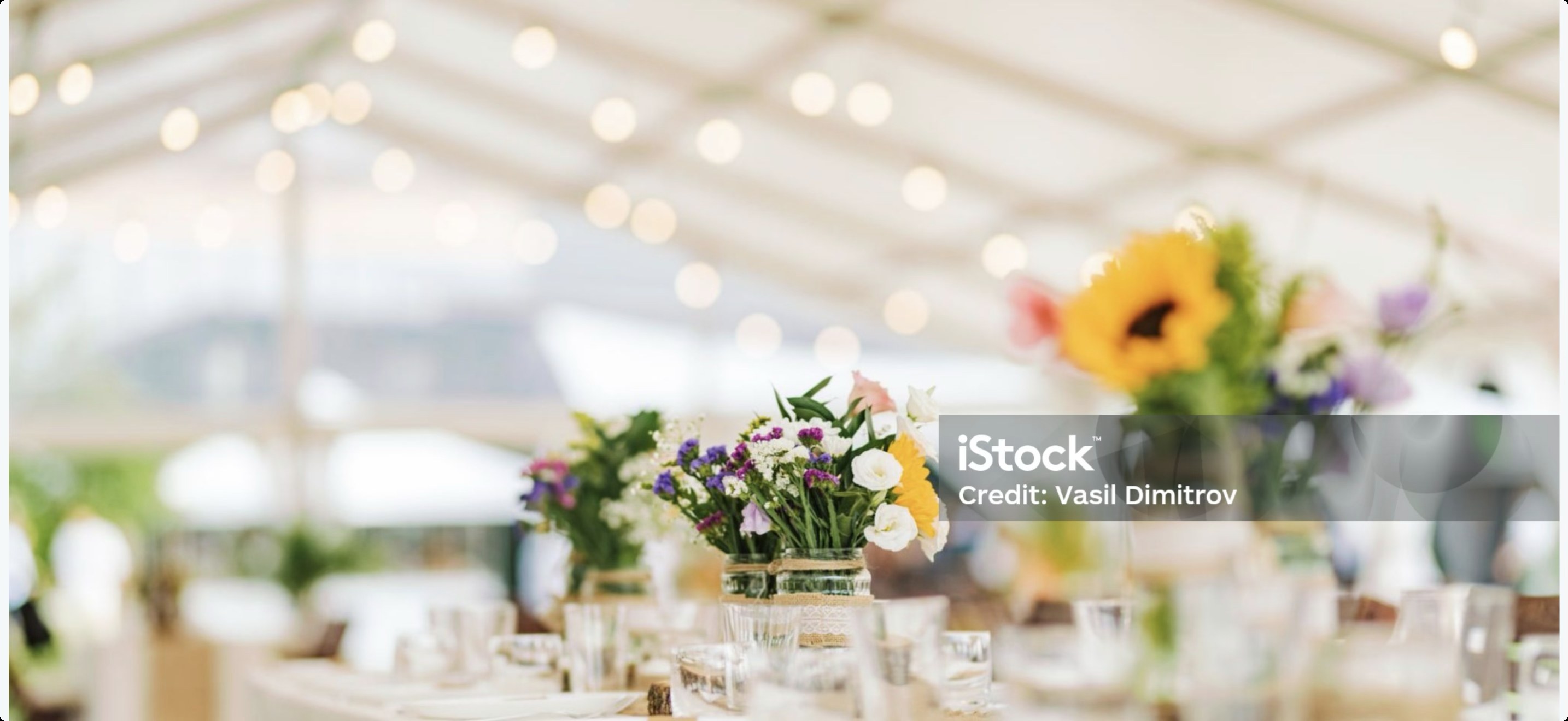 Bright clear-span marquee with wildflower centrepieces and string lights
